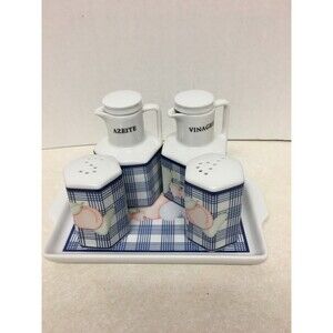 Germer Porcelanas Brazil Porcelain Tray White Blue Cruet Set Salt Pepper Oil/Vin